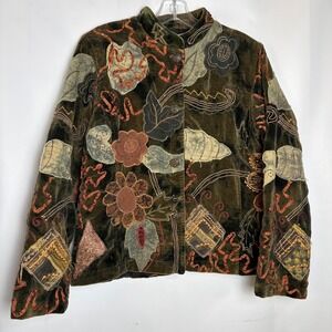 Acorn Womens Velvet Patchwork Embroidered Jacket Olive Green Boho‎ Art to Wear M